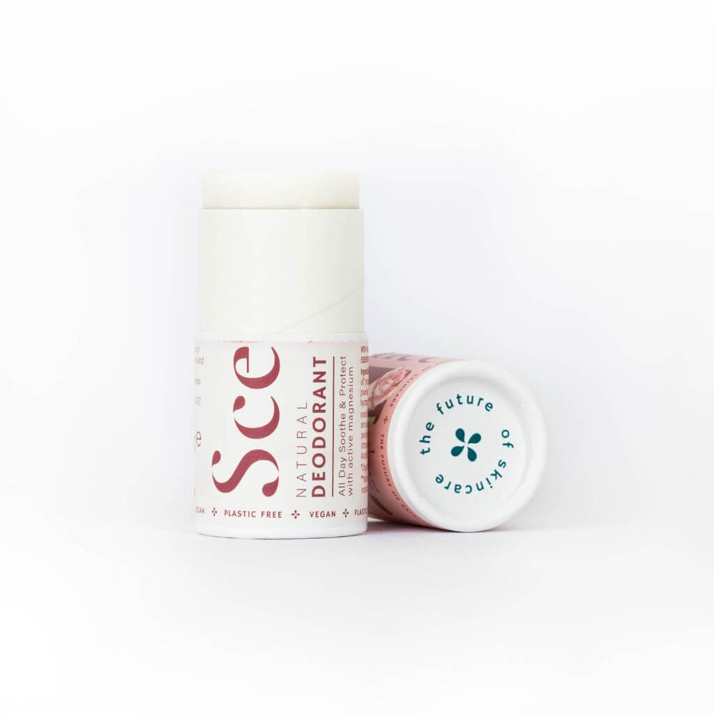 Scence Perfect Rose Natural Solid Deodorant. Lid Off on White Background. Hard working. Wonderful floral Scent. Size: 60 grams