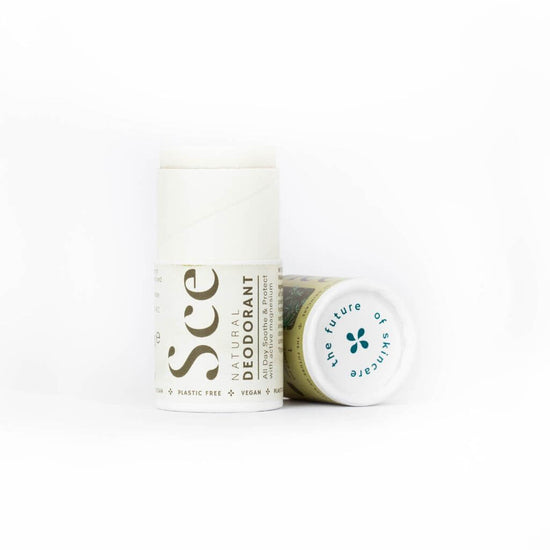 Scence Fresh Cedar Natural Solid Deodorant. Lid Off on White Background. Perfect for Dry Skin. Wonderful Scent. Size: 75 grams