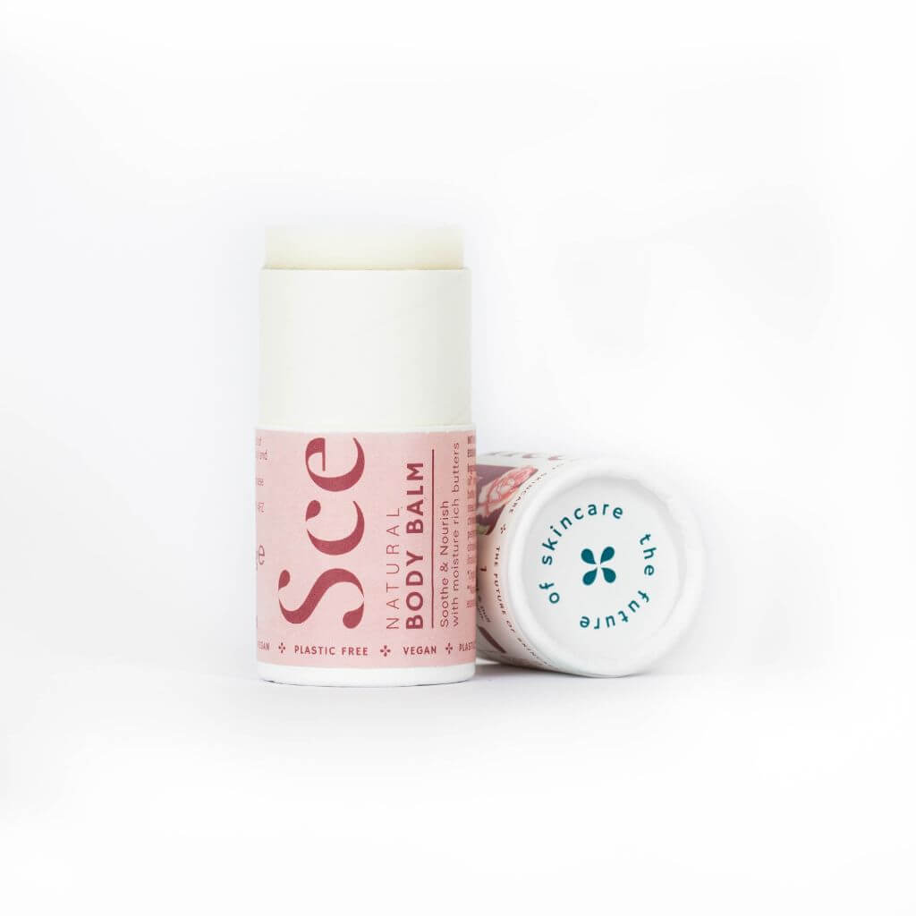 Scence Perfect Rose Natural Solid Body Balm. Lid Off on White Background. Perfect for Dry Skin. Wonderful floral Scent. Size: 60 grams