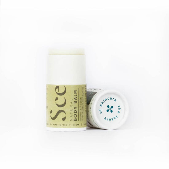 Scence Fresh Cedar Natural Solid Body Balm. Lid Off on White Background. Perfect for Dry Skin. Wonderful Scent. Size: 60 grams