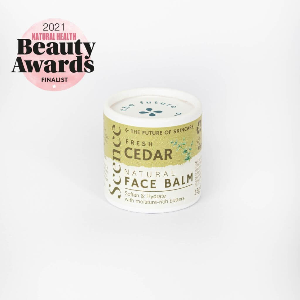 Scence Fresh Cedar Natural Solid Face Balm. 2021 Award Finalist Natural Health Beauty Awards. White Background. Plastic Free. Compostible Cardboard Packaging