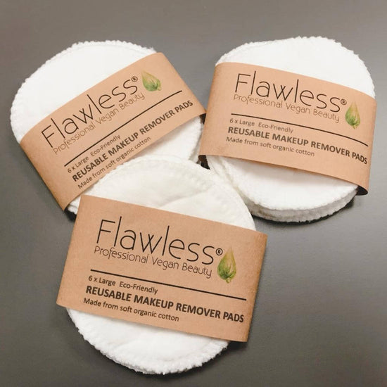 Flawless Professional Vegan Beauty Reusable Organic Cotton Makeup Remover Pads. on a black background.