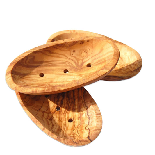 Olive Wood Oval Soap Dish. has drain holes to reduce soggy soap. allows soap to dry. perfect gift for friends.