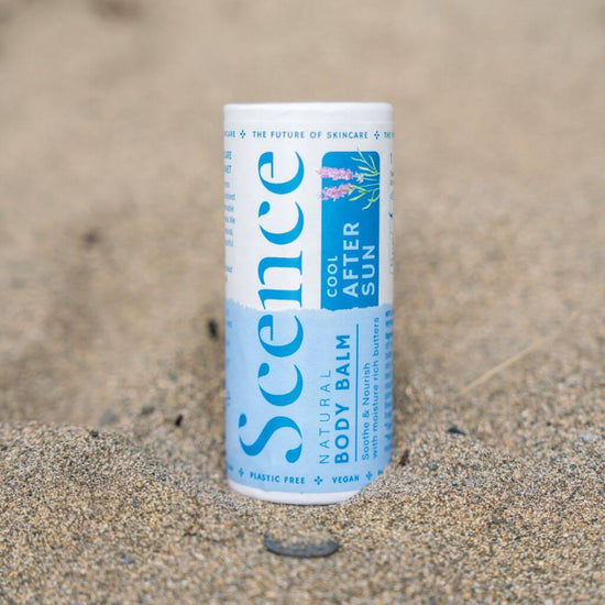 Scence After Sun Natural Solid Body Moisturiser. On the beach. The easiest way to carry your after sun treatment and care, in a sealed tube.