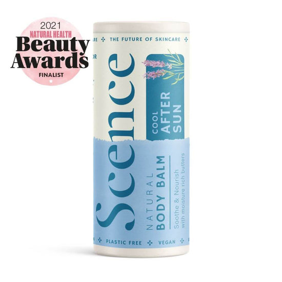 Scence After Sun Natural Solid Body Moisturiser. On white background with 2021 Finalist Natural Health Beauty Awards.