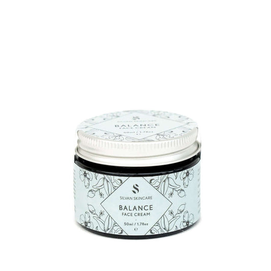 Silvan Skincare. Face Cream. Balance Face Cream for Oily and Combination Skin. 50ml. Glass Jar with aluminium lid. On a white background. Vegan Certified. Cruelty Free Certified. Leaping Bunny Approved.
