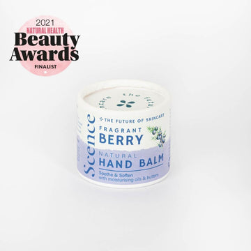 Scence Fragrant Berry Natural Solid Hand Balm. Award 2021 Finalist Natural Health Beauty Awards. On White Background. Plastic Free. Compostible Cardboard Packaging