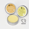 Goats of the Gorge. Honey and Coconut Lip Balms. Lid Off and Open. White Background. Leaping Bunny with Cruelty Free International certification registration.