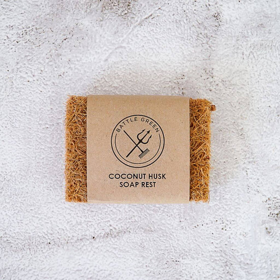 Battle Green Coconut Husk Small Soap Rest. Upcycled and produced from waste coconut husk. perfect soap and shower bar drying tray. eco-friendly and sustainable. PETA certified Vegan and Cruelty Free.