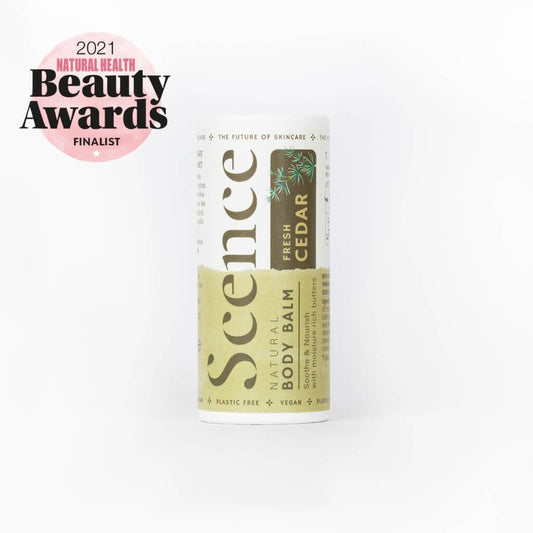 Scence Fresh Cedar Natural Solid Body Balm. 2021 Award Finalist Natural Health Beauty Awards. White Background. Plastic Free. Compostible Cardboard Packaging
