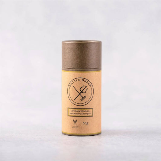 Battle Green Cocoa & Vanilla Dry Shampoo Shaker Pot. On display with lid on and on a textured background. perfect gift for days between hair washes.