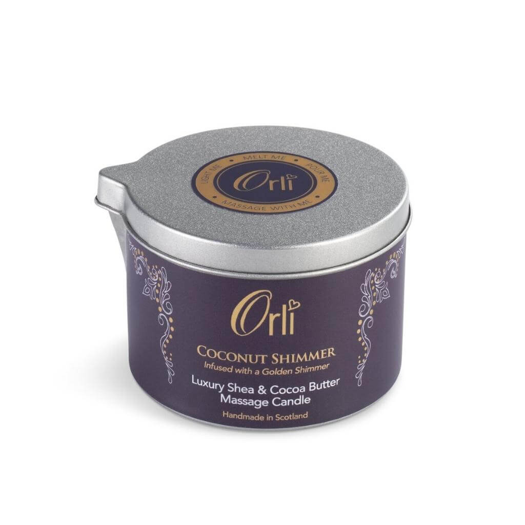 Orli Coconut Shimmer Massage Candle in Aluminium tin. Infused with a Golden Shimmer. Luxury Shea & Cocoa Butter Massage Candle. White background.