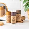 Battle Green Orange & Neroli Dry Shampoo Shaker Pot. on display with three other dry shampoo's from battle green.