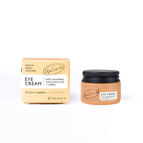 Upcircle Beauty. Eye Cream with Hyaluronic Acid & Coffee. 15ml. Award Winning Product. Lid On. White Background. Box Visible.