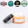 Upcircle Face Moisturiser jar Travel Size with lid off and moisturising cream visible. Awards: 2021 Natural Health Beauty Awards Winner, Free From Skincare Awards Bronze 2021, Beauty shortlist awards 2021 Editors Choice.