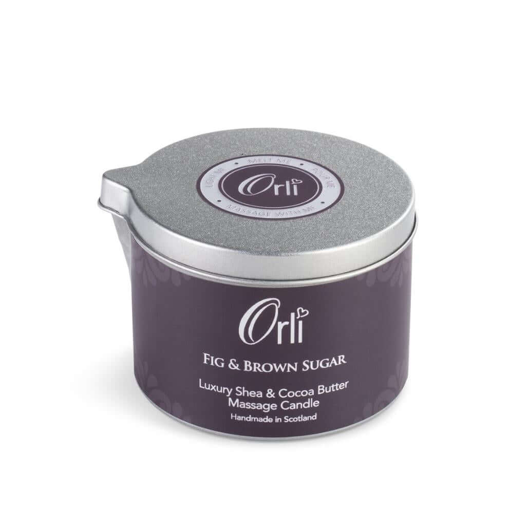 Orli Fig and Brown Sugar Massage Candle in Aluminium tin. Luxury Shea & Cocoa Butter Massage Candle. White background.