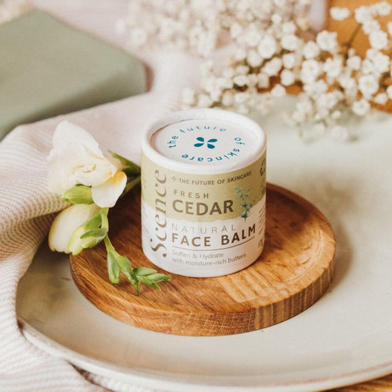 Scence Fresh Cedar Natural Solid Face Balm. Lifestyle image. Vegan and Cruelty Free face Balm. Cedarwood and Frankincense essential oil scented.