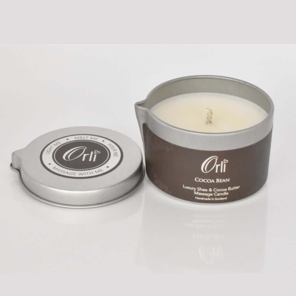 Orli Cocoa Bean Massage Candle in Aluminium tin. Luxury Shea & Cocoa Butter Massage Candle. Lid Off.