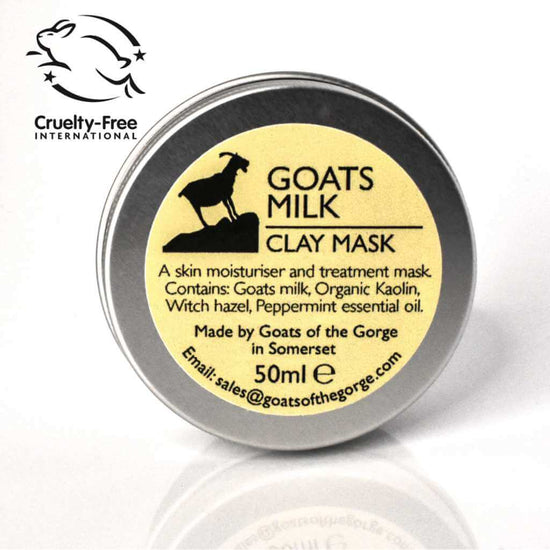 Goats of the Gorge. Goats milk Clay Mask with Peppermint. 50ml. Aluminium Tin. White Background. Lid on. Leaping Bunny with Cruelty Free International certification registration.