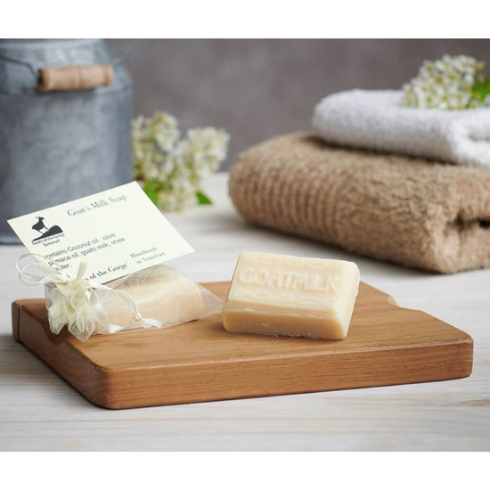 Goats of the Gorge Goats Milk Mini Soap Bar. displaying text on soap of goatmilk. Unscented, fragrance free perfect for sensitive skin and all skin types.