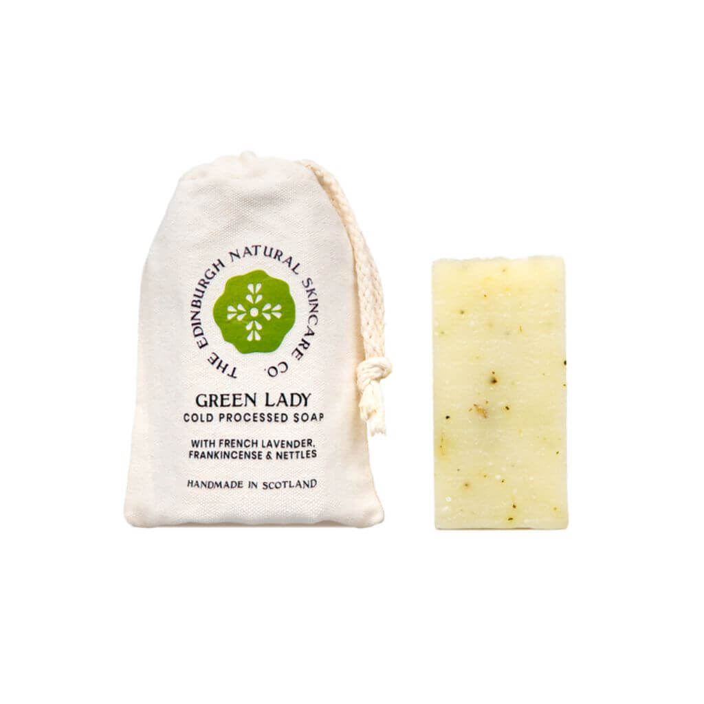 The Edinburgh Natural Skincare Co. Green Lady Cold Processed Soap. With Cotton bag and Cold Processed Soap on display with white background.