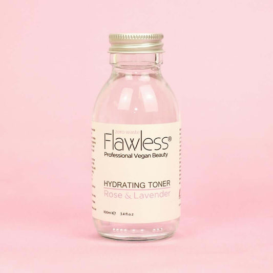 Flawless Professional Vegan Beauty Toner - Rose and Lavender. Glass Jar with aluminium lid on pink background.