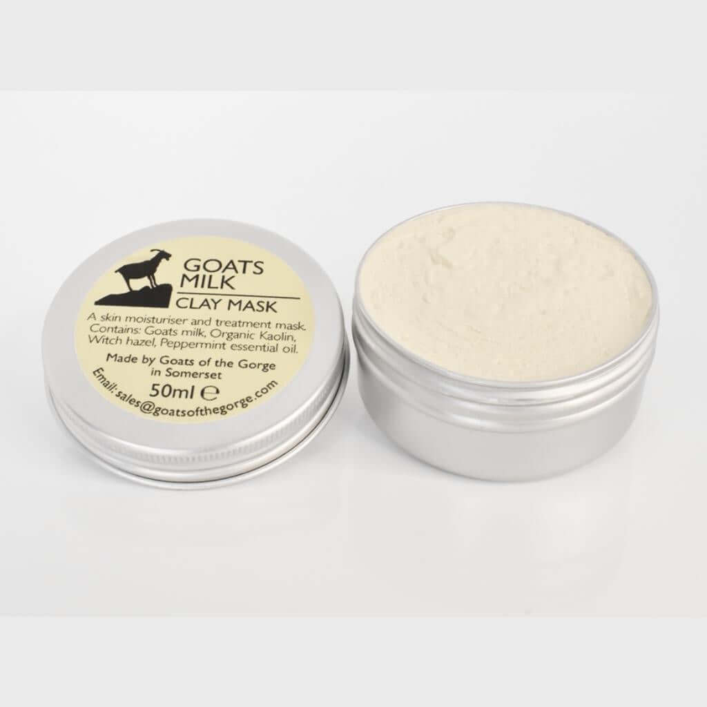 Goats of the Gorge. Goats milk Clay Mask. 50ml. Lid Off and Open. Peppermint and Kaolin Clay. Witch Hazel.