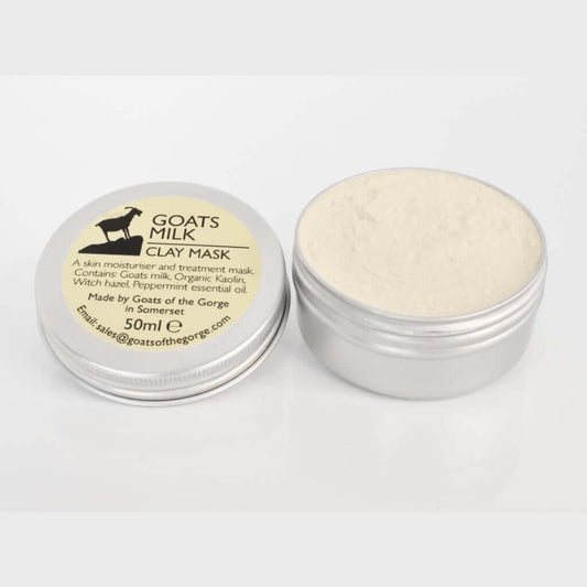 Goats of the Gorge. Goats milk Clay Mask. 50ml. Lid Off and Open. Peppermint and Kaolin Clay. Witch Hazel.