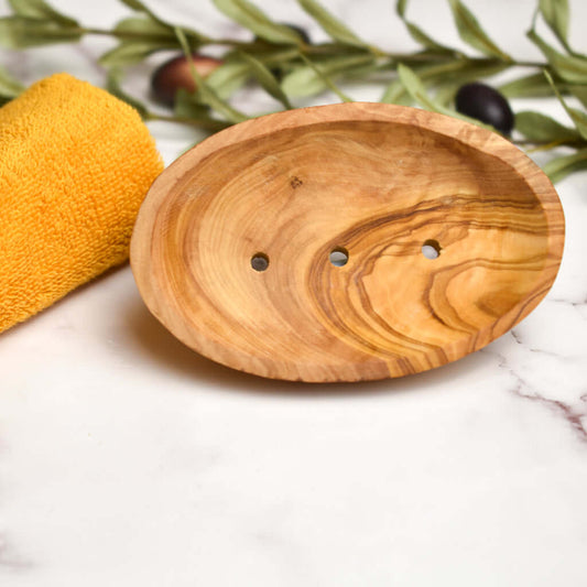 Olive Wood Oval Soap Dish. with drain holes. Beautiful colours, and patterns. for the bathroom and basins.