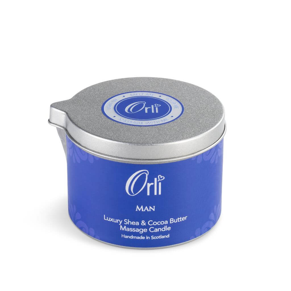 Orli MAN Massage Candle for men. in Aluminium tin, on white background.