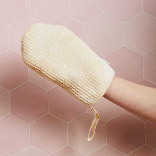 Tabitha Eve - Organic Cotton Shower Mitt. hand in mit in the shower. compostable, and ethical.