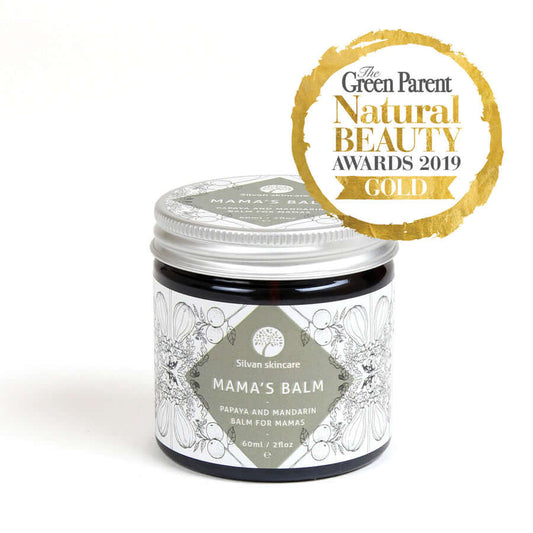 Silvan Skincare. Mama's Balm. papaya and Mandarin Balm for Mama's. 60ml. Glass Jar with Aluminium lid. On a white background. with awards. Winner 2019 The Green Parent Natural Beauty Awards GOLD. Perfect for Pregnancy and after child-birth.