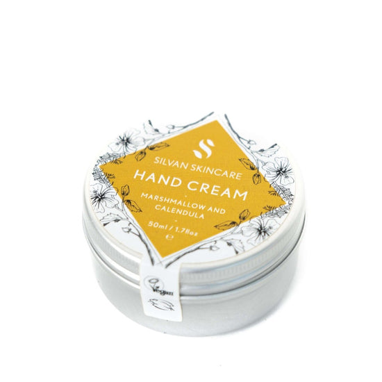 Silvan Skincare. Hand Cream. Marshmallow and Calendula. 50ml. Aluminium tin and lid. On a white background.