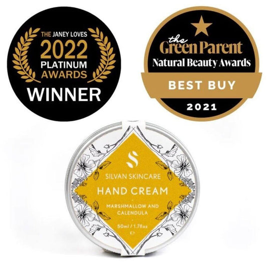 Silvan Skincare. Hand Cream. Marshmallow and Calendula. 50ml. Aluminium tin and lid. On a white background. with awards. Winner 2022 Platinum Awards and Best Buy 2021.