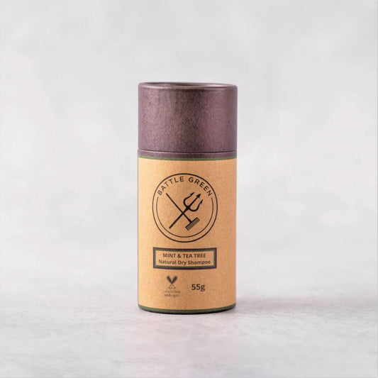 Battle Green Mint & Tea Tree Dry Shampoo Shaker Pot. On display with lid on and on a textured background. perfect gift for days between hair washes.