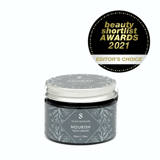 Silvan Skincare. Face Cream. Nourish for dry skin. 50ml. Glass Jar with aluminium lid. On a white background. with award. Editors Choice, Beauty Shortlist Awards 2021.
