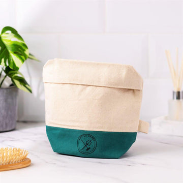 Battle Green Organic Cotton Wash Bag. GOTS Cotton. Perfect travel bag for holidays and storing cosmetics and essentials. Washable.