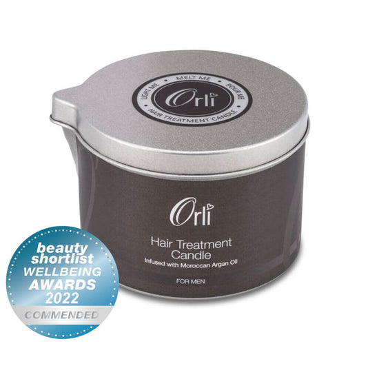 Orli Orli Hair Treatment Candle - For Men in Aluminium tin. Award winning Commended - 2022 - Beauty Shortlist Wellbeing Awards. Containing Coconut Oil, Shea Butter and Hawaiian Kukui Nut Oil. Handmade in Scotland. White Background.