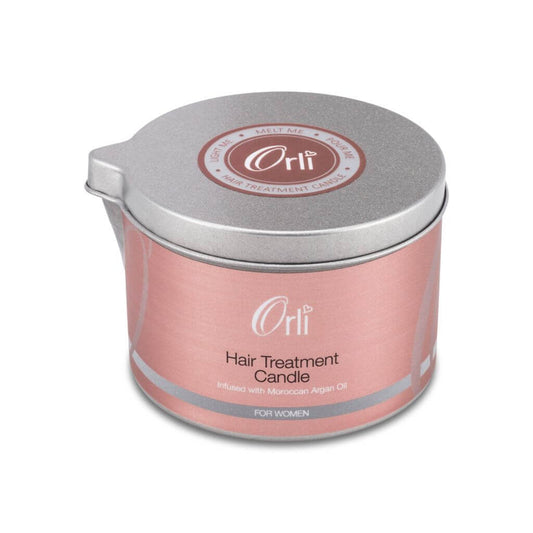 Orli Orli Hair Treatment Candle - For Women in Aluminium tin. Containing Coconut Oil, Shea Butter and Hawaiian Kukui Nut Oil. Handmade in Scotland. White Background.