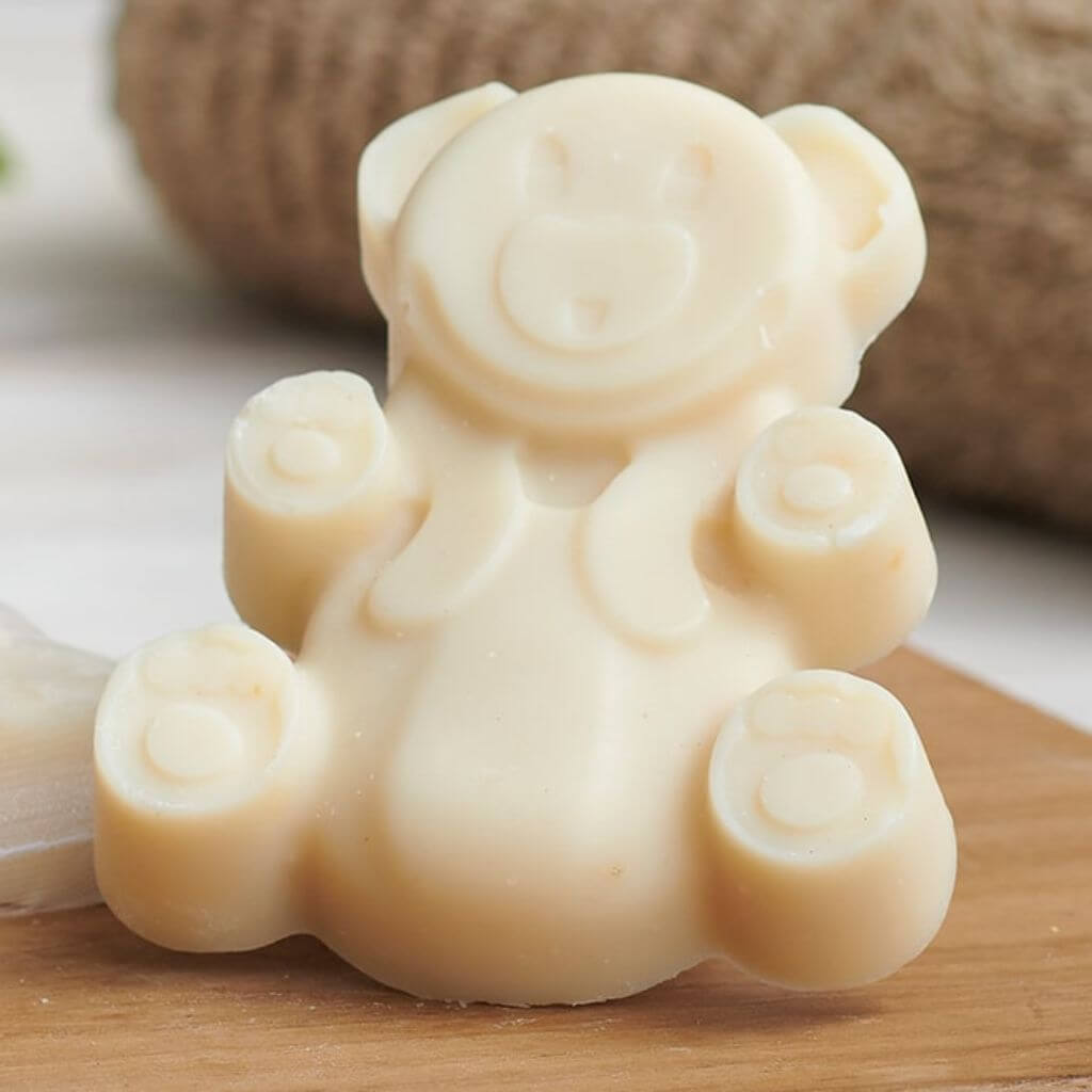 Teddy Bear Goats Milk Soap Bar. Goats of the Gorge. 65g. Naturally high in Vitamin A and Retinol. Handmade soap on display.