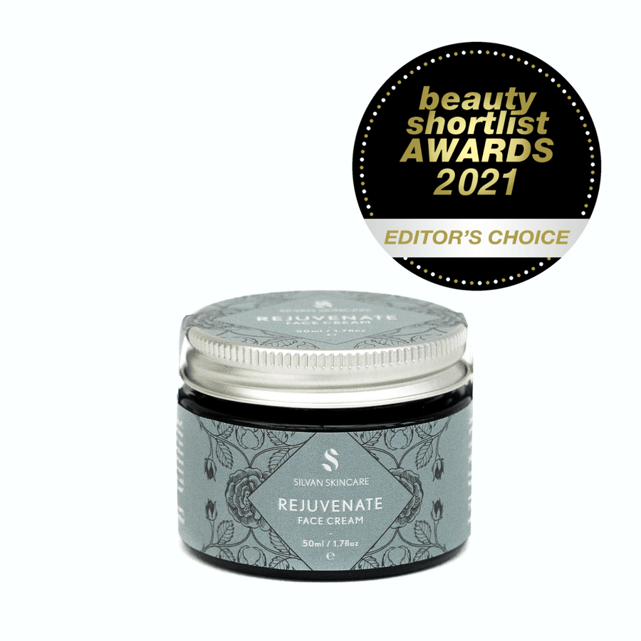 Silvan Skincare. Face Cream. Rejuvenate for Mature Skin. 50ml. Glass Jar with aluminium lid. On a white background. with award. Editors Choice -Beauty Shortlist Awards 2021.