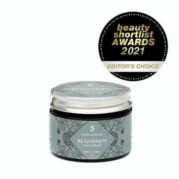 Silvan Skincare. Face Cream. Rejuvenate for Mature Skin. 50ml. Glass Jar with aluminium lid. On a white background. with award. Editors Choice -Beauty Shortlist Awards 2021.