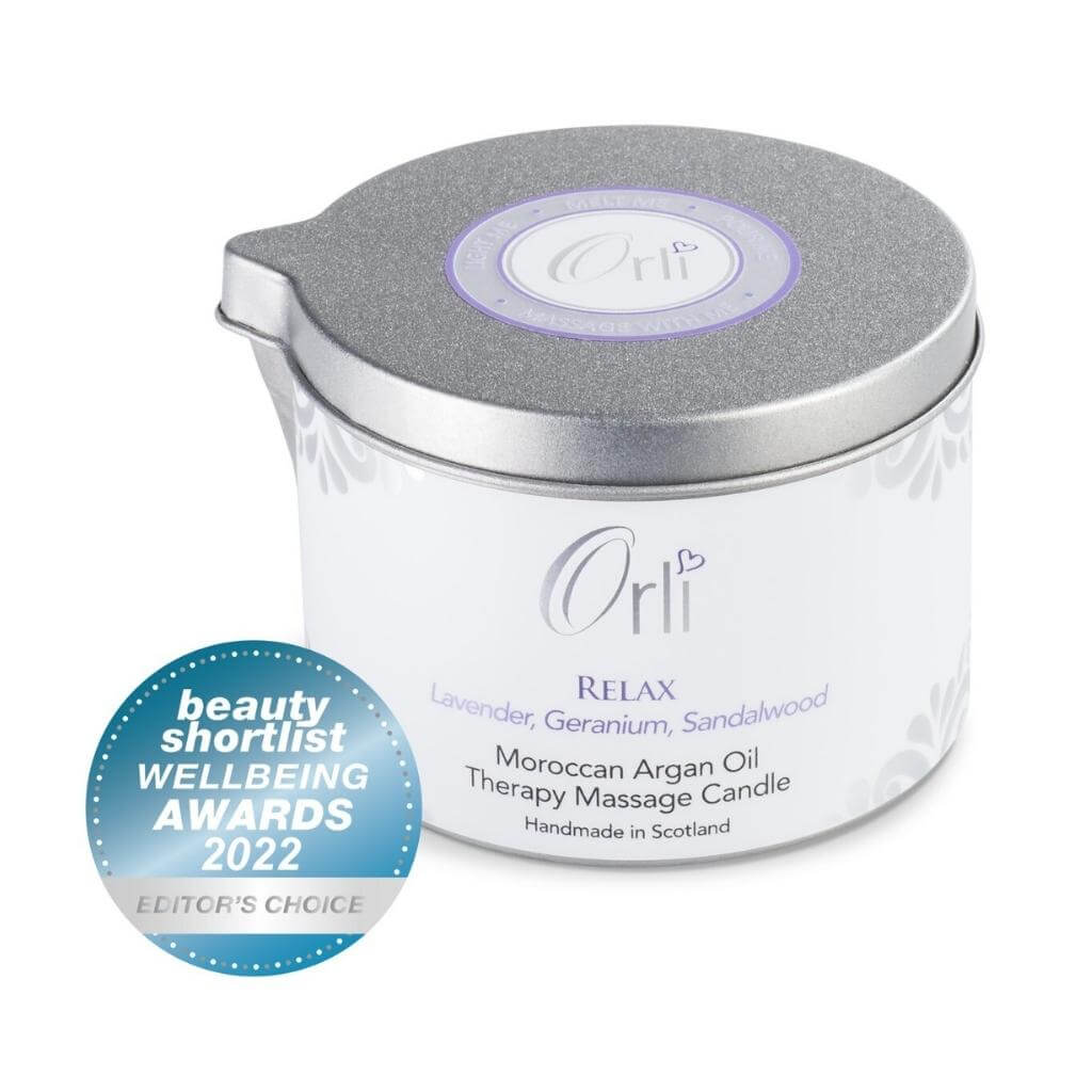 Orli Relax Therapy Massage Candle with aluminium tin. Relax. Lavender, Geranium, Sandalwood. Moroccan Argan Oil Therapy Massage Candle. Handmade in Scotland. Award displayed: Beauty Shortlist Wellbeing awards 2022 Editors Choice.