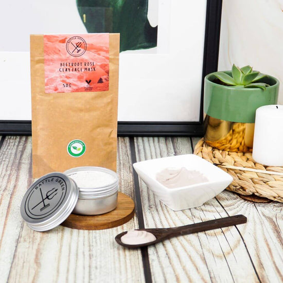 Battle Green Beetroot Rose Clay Face Mask. on display. great product for traveling. store in travel jar.