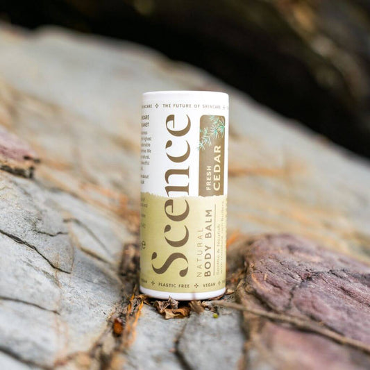 Scence Fresh Cedar Natural Solid Body Balm. Lifestyle Image. Vegan Certified. made in Cornwall UK. Size: 60 grams.