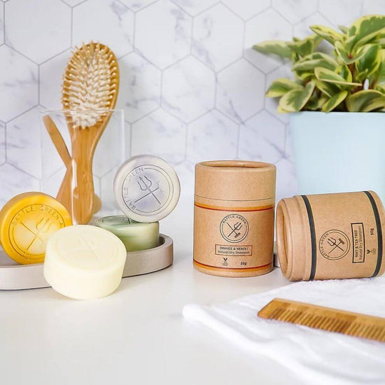 Battle Green Mint Natural Vegan Shampoo Bar. on display with other battle green products. Made in the UK. Handmade.