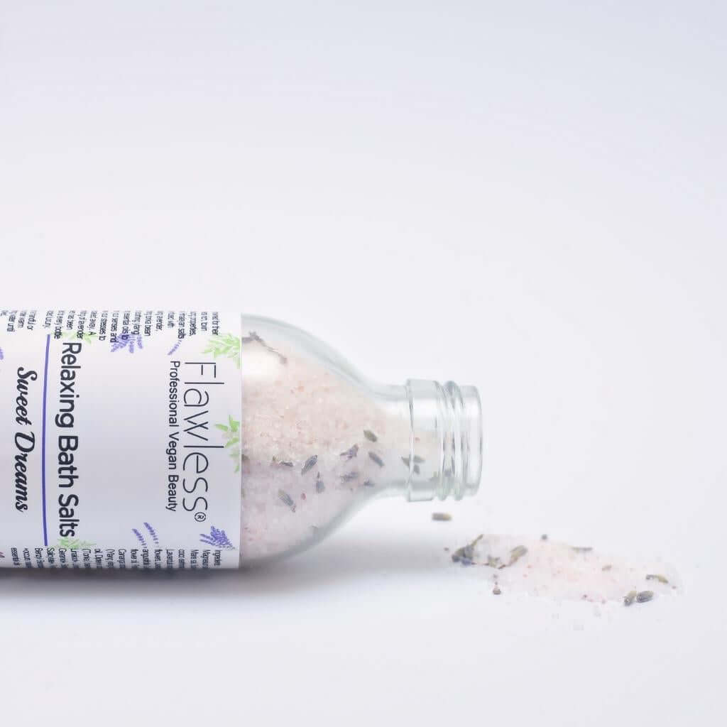 Flawless Professional Vegan Beauty Relaxing Bath Salts - Sweet Dreams. on side without lid.