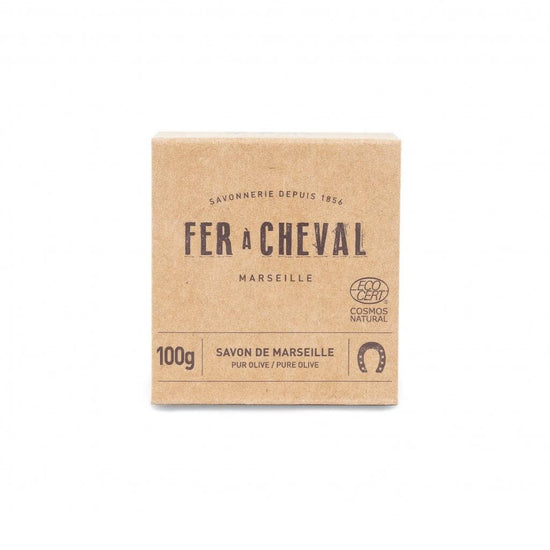 Fer a Cheval Savon de Marseille - Soap of Marseille, traditional olive oil soap cube in its cardboard shell with the Start date of 1856 size 100g, and the Cosmos Natural authentication.