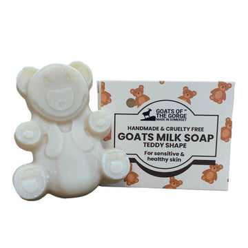Teddy Bear Goats Milk Soap Bar. Goats of the Gorge. 65g. Naturally high in Vitamin A and Retinol. on White Background with Cardboard Box. For all ages and all skin types.