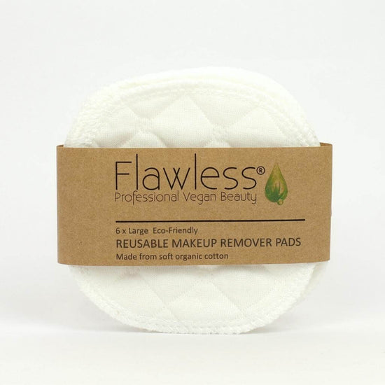 Flawless Professional Vegan Beauty Reusable Organic Cotton Makeup Remover Pads. on a white background.